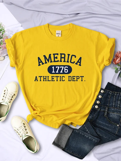 Camiseta deportiva informal con letras del Departamento Atlético América 1776 para mujer, estilo hip hop, suave y transpirable.