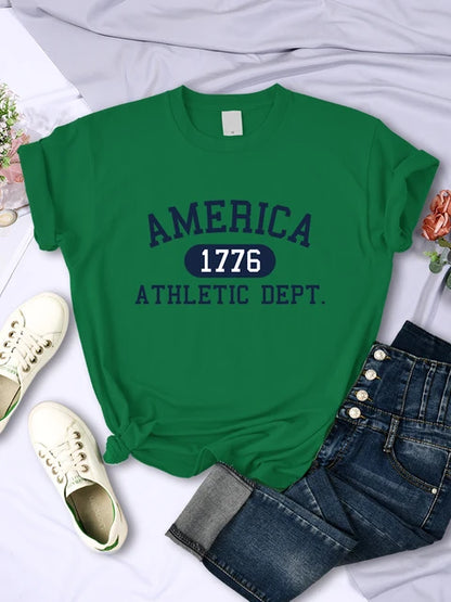 Camiseta deportiva informal con letras del Departamento Atlético América 1776 para mujer, estilo hip hop, suave y transpirable.