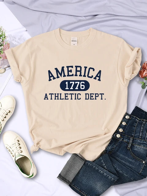 Camiseta deportiva informal con letras del Departamento Atlético América 1776 para mujer, estilo hip hop, suave y transpirable.