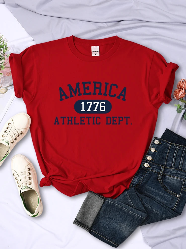 Camiseta deportiva informal con letras del Departamento Atlético América 1776 para mujer, estilo hip hop, suave y transpirable.