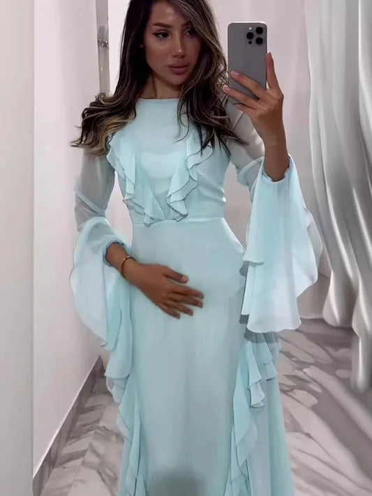 Artcat Elegant Long Sleeved Ruffled Bodycon Women Dress Fall 2025 New Mesh Hollow Out Evening Dress Slim Fit Party Club Vestidos