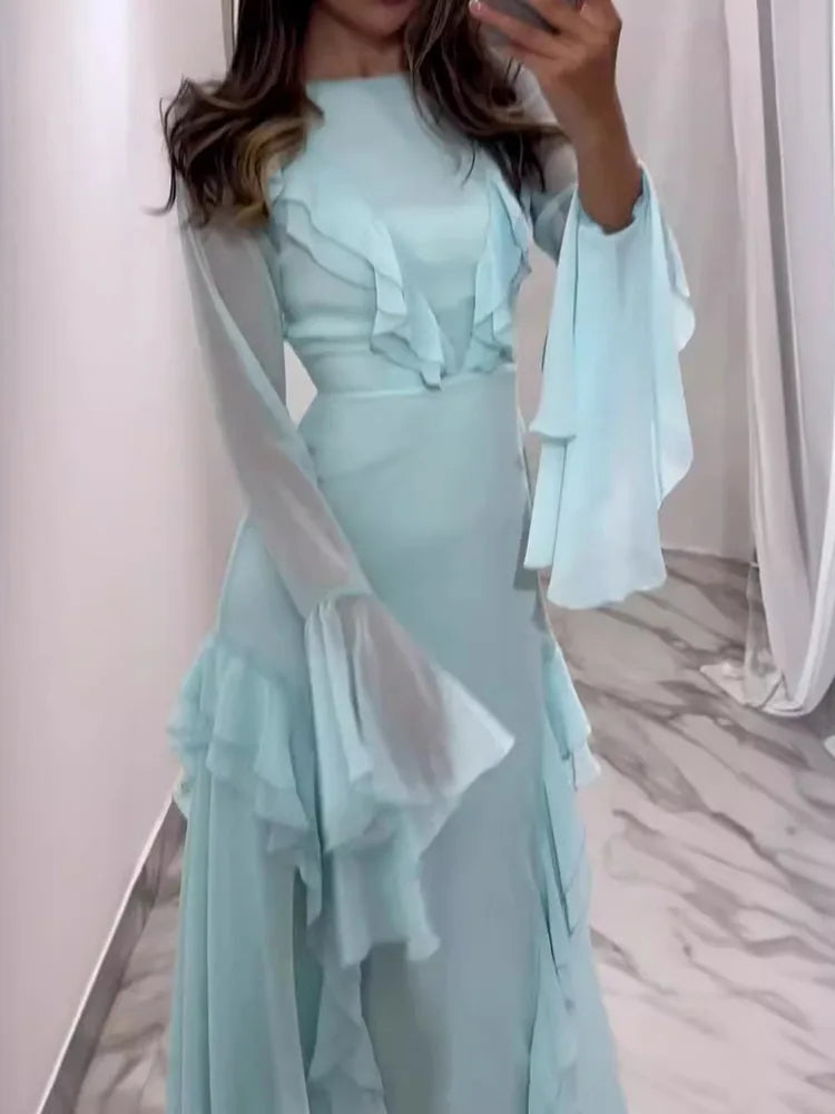 Artcat - Vestido elegante de manga larga con volantes, ajustado, para mujer, otoño 2025, nuevo, de malla, con aberturas, para noche, fiesta, club, ajustado