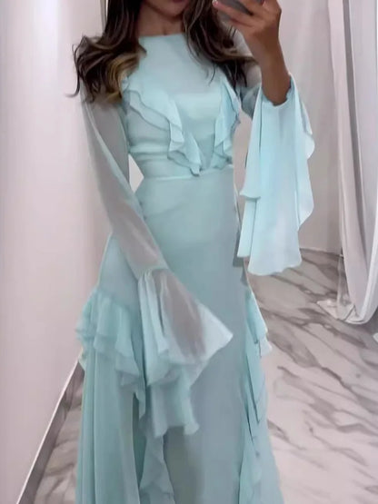 Artcat - Vestido elegante de manga larga con volantes, ajustado, para mujer, otoño 2025, nuevo, de malla, con aberturas, para noche, fiesta, club, ajustado