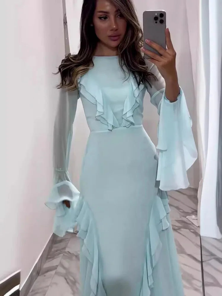 Artcat - Vestido elegante de manga larga con volantes, ajustado, para mujer, otoño 2025, nuevo, de malla, con aberturas, para noche, fiesta, club, ajustado