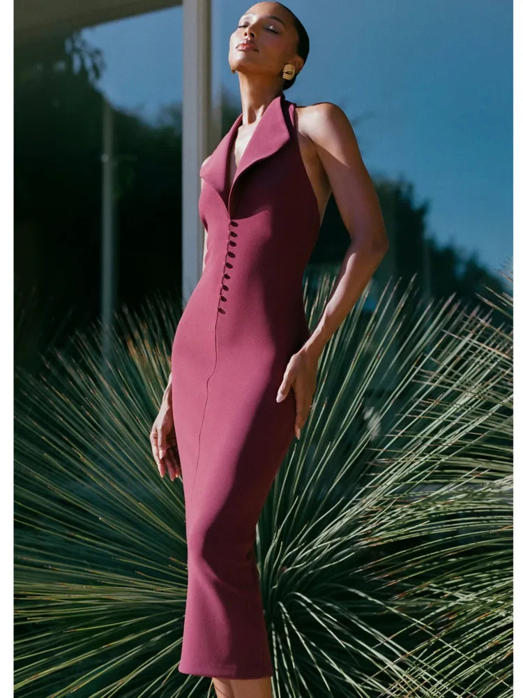 Artcat Elegant Sleeveless Button Bodycon Long Dress Women Sexy Deep V Party Evening Dress Autumn/Winter New Silm Female Vestdos