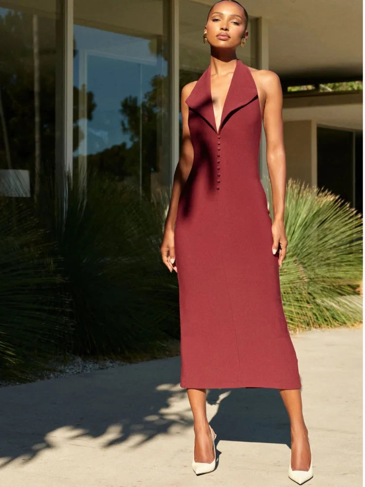 Artcat Elegant Sleeveless Button Bodycon Long Dress Women Sexy Deep V Party Evening Dress Autumn/Winter New Silm Female Vestdos