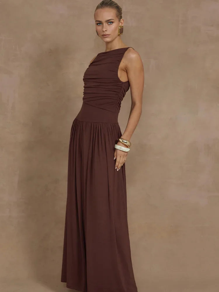 Artcat Elegant Sleeveless Round Neck Bodycon Long Dress For Women Folded Slimming Party Evening Dress Female Tight Vestido