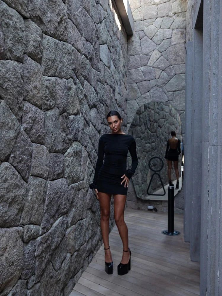Autumn  Long Sleeve Tight Dress For Women Sexy Backless Bodycon Mini Dress Fold Female Party Club Evening Dress