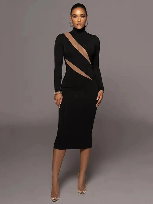 Autumn/Winter Long Sleeve Mesh Patchwork Dress Women’s Perspective Bodycon Midi Dress Female Elegant Party Evening Dress