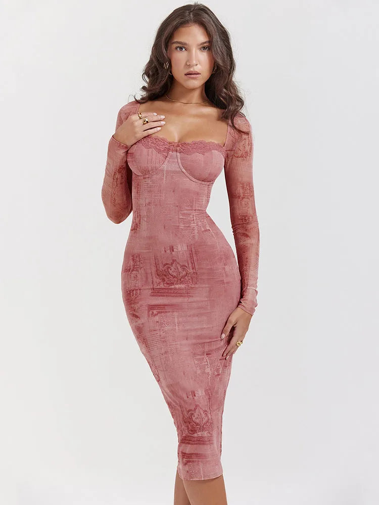 -Long Sleeve Printed Dress for Women, Bodycon Lace Midi Dress, Elegant Party Evening Dress, Square Neck, Autumn,