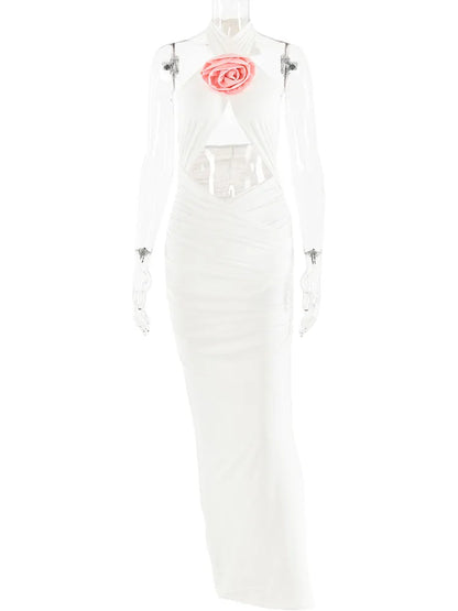 Sexy 3D Flower Hollow Out Backless Women’s Dress Zipper Female Sleeveless Bodycon Maxi Dress Party Club Evening Dress