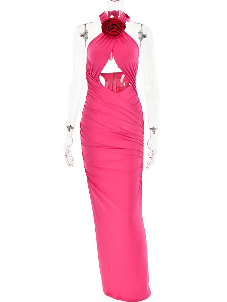 Sexy 3D Flower Hollow Out Backless Women’s Dress Zipper Female Sleeveless Bodycon Maxi Dress Party Club Evening Dress