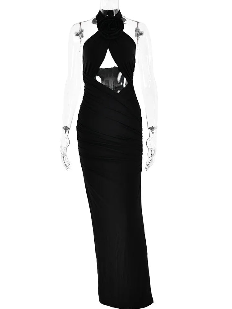 Sexy 3D Flower Hollow Out Backless Women’s Dress Zipper Female Sleeveless Bodycon Maxi Dress Party Club Evening Dress