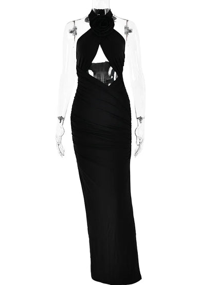 Sexy 3D Flower Hollow Out Backless Women’s Dress Zipper Female Sleeveless Bodycon Maxi Dress Party Club Evening Dress