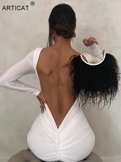Vestido maxi fruncido con espalda descubierta y sexy para mujer, blanco, de manga larga, para noche, otoño, ajustado, elegante, para fiesta y club, 2025