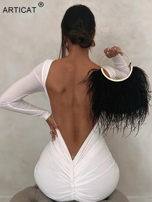 Sexy Backless Ruched Maxi Dress Women White Long Sleeve Evening Dresses Female Autumn Skinny Elegant Party Clubwear 2025