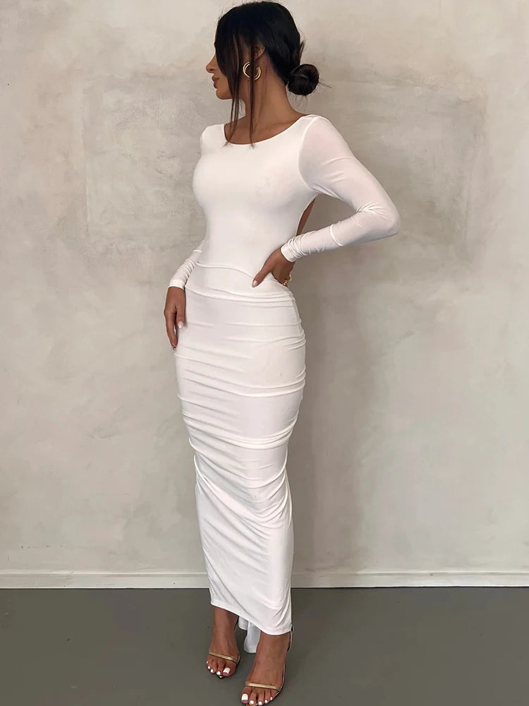 Vestido maxi fruncido con espalda descubierta y sexy para mujer, blanco, de manga larga, para noche, otoño, ajustado, elegante, para fiesta y club, 2025