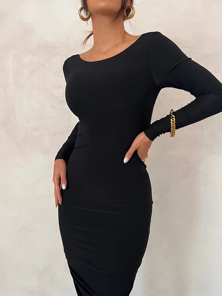 Vestido maxi fruncido con espalda descubierta y sexy para mujer, blanco, de manga larga, para noche, otoño, ajustado, elegante, para fiesta y club, 2025