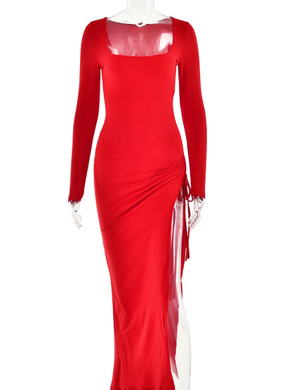 Sexy Bodycon High Split Drawstring Dress Women Long Sleeve Tight Evening Dress Party Female Elegant Maxi Dress AutumnNew