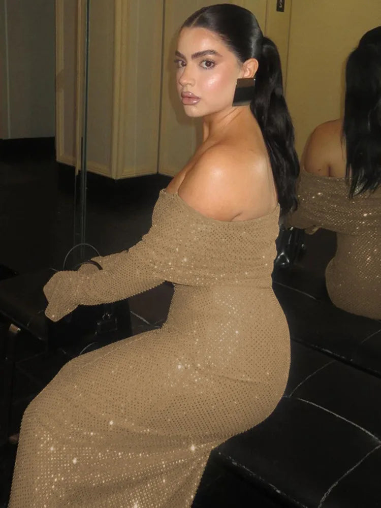 Sexy Buttocks Wrapped Long Dress For Women Fashion Temperament Ironing Board Slim One Line Neck Party Evening Dress