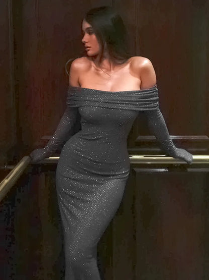 Sexy Buttocks Wrapped Long Dress For Women Fashion Temperament Ironing Board Slim One Line Neck Party Evening Dress