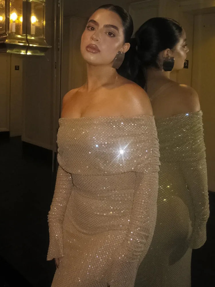 Sexy Buttocks Wrapped Long Dress For Women Fashion Temperament Ironing Board Slim One Line Neck Party Evening Dress