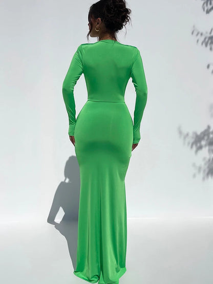 Sexy Deep V Long Sleeve Bodycon Women’s Dress Slim Fit Lace Up High Split Female Maxi Dress Party Club Evening Dress