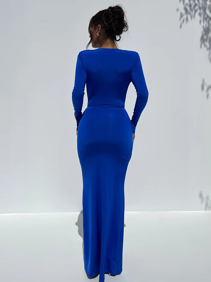 Sexy Deep V Long Sleeve Bodycon Women’s Dress Slim Fit Lace Up High Split Female Maxi Dress Party Club Evening Dress