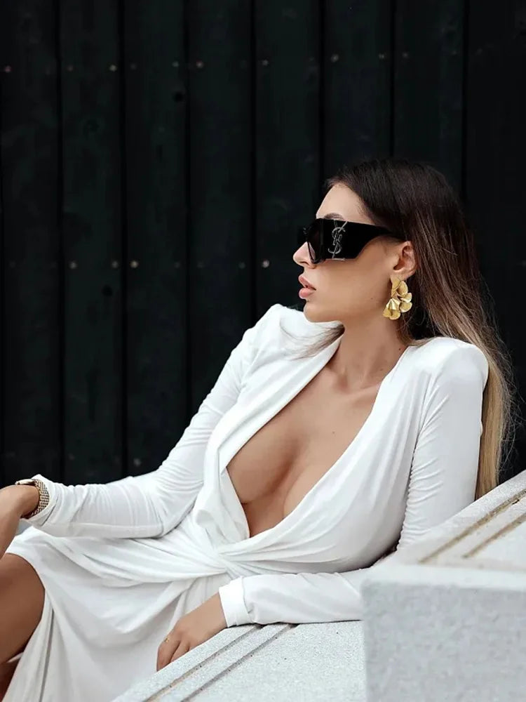 Sexy Deep V Long Sleeve Split Women’s Dress Folded Waist Maxi Female Bodycon Vestidos Elegant Party Club Evening Dress