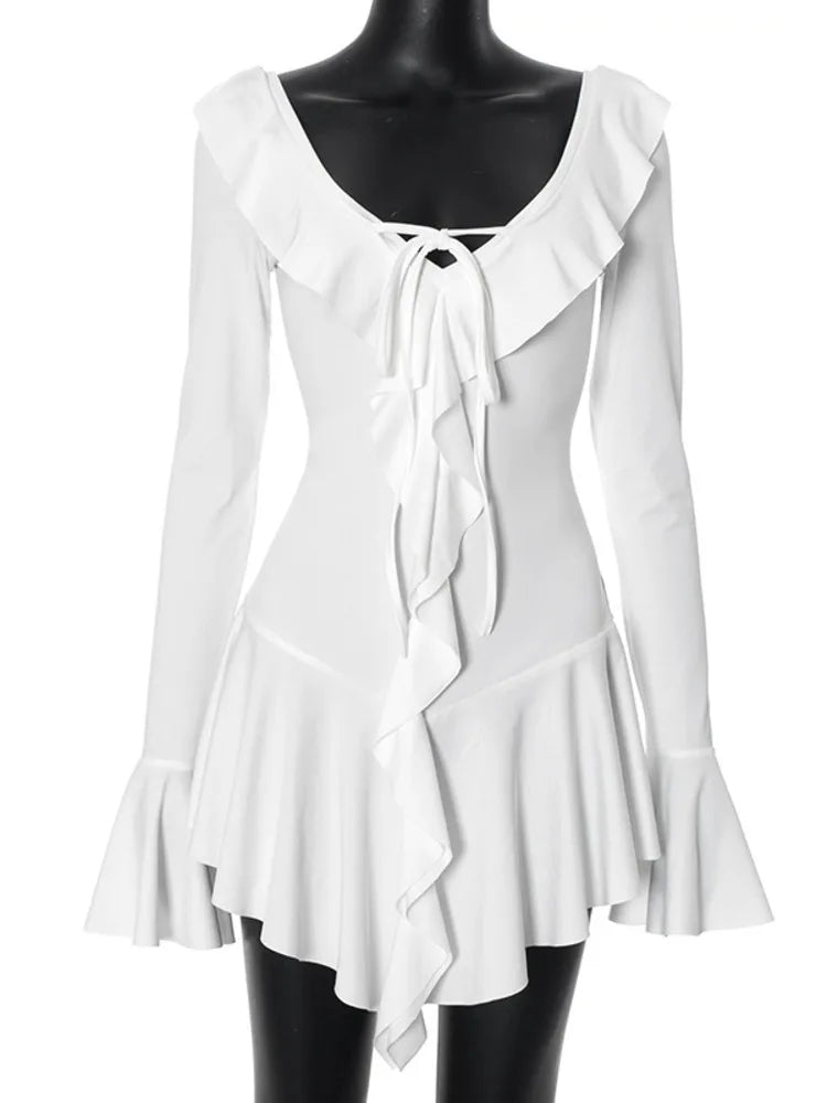 Falda corta ajustada con volantes y escote en V profundo para mujer, vestido de fiesta de noche con mangas acampanadas y volantes, ropa de calle para otoño