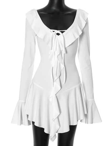 Falda corta ajustada con volantes y escote en V profundo para mujer, vestido de fiesta de noche con mangas acampanadas y volantes, ropa de calle para otoño