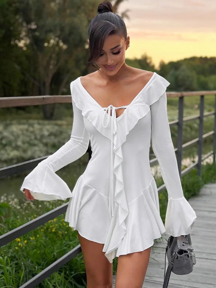 Falda corta ajustada con volantes y escote en V profundo para mujer, vestido de fiesta de noche con mangas acampanadas y volantes, ropa de calle para otoño