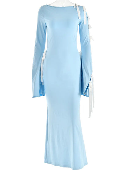 Sexy Diagonal Neck Flare Long Sleeve Bow Lace-up Dress For Women Bodycon Elegant Party Club Evening Dress Slim Vesidos