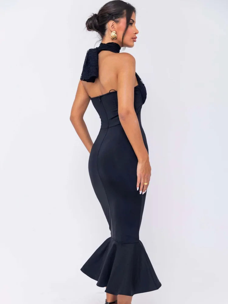 Vestido de noche sexy con cuello colgante de encaje y retazos en V profundo para mujer, elegante, sin espalda, para fiesta y club, otoño/invierno, nuevo