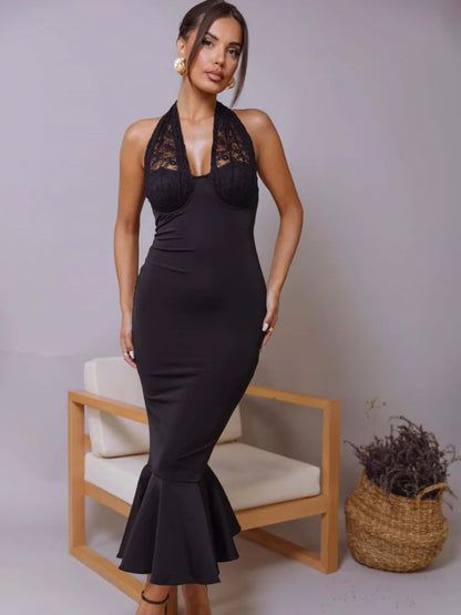 Vestido de noche sexy con cuello colgante de encaje y retazos en V profundo para mujer, elegante, sin espalda, para fiesta y club, otoño/invierno, nuevo