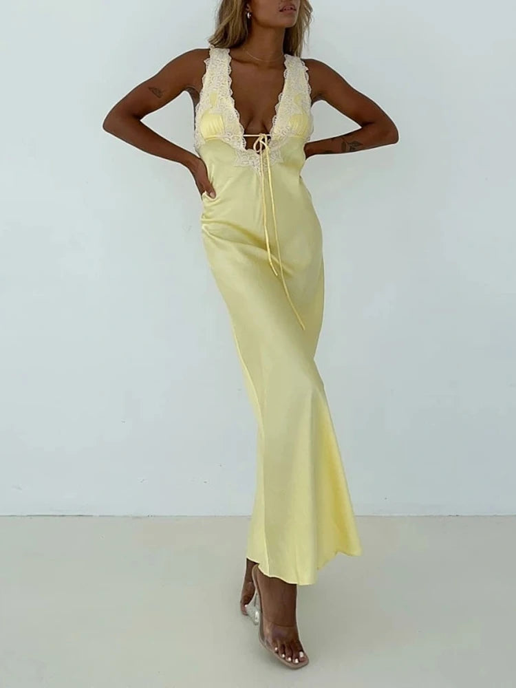 Sexy Lace Camisole Open Back Dress For Women Satin Lace Up Bodycon Long Dress Female Elegant Party Club Evening Dress