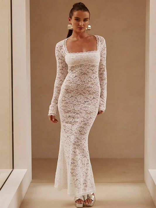 Sexy Lace Long Sleeve Bodycon Dress Women Square Neck Perspective Slim Elegant Maxi Female Vestidos Party Evening Dress