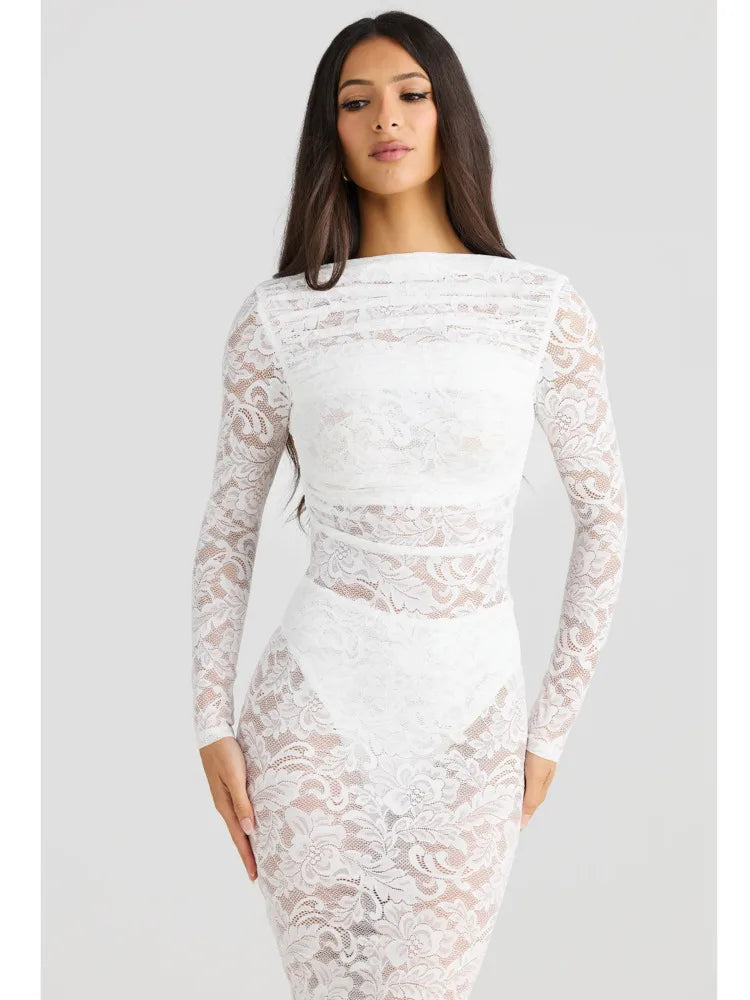 Vestido de noche ajustado con espalda descubierta y encaje de retazos para mujer, elegante, de manga larga, para fiesta y club, otoño/invierno 2025