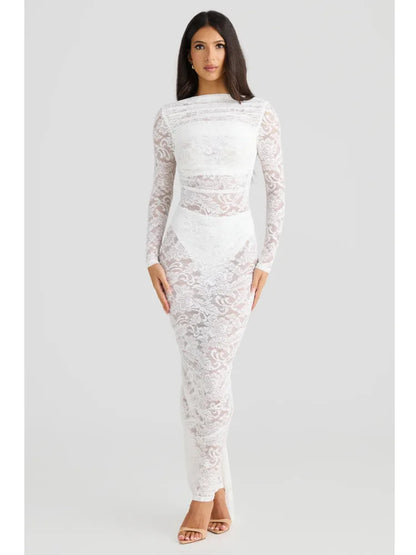 Vestido de noche ajustado con espalda descubierta y encaje de retazos para mujer, elegante, de manga larga, para fiesta y club, otoño/invierno 2025