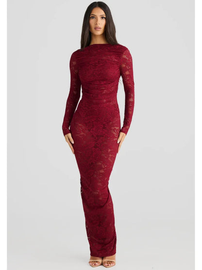 Vestido de noche ajustado con espalda descubierta y encaje de retazos para mujer, elegante, de manga larga, para fiesta y club, otoño/invierno 2025