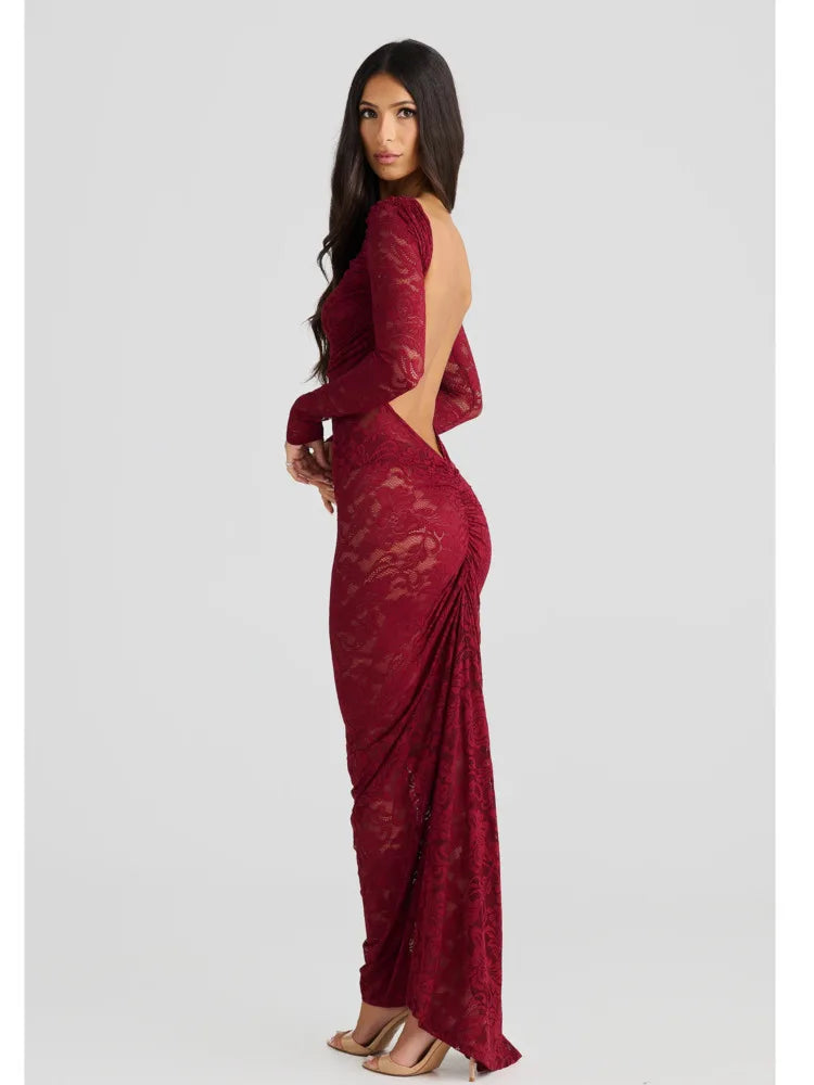 Vestido de noche ajustado con espalda descubierta y encaje de retazos para mujer, elegante, de manga larga, para fiesta y club, otoño/invierno 2025