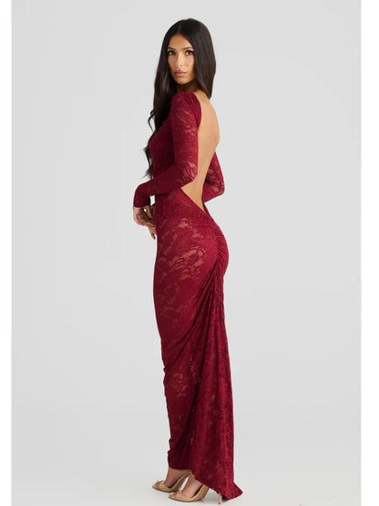 Vestido de noche ajustado con espalda descubierta y encaje de retazos para mujer, elegante, de manga larga, para fiesta y club, otoño/invierno 2025