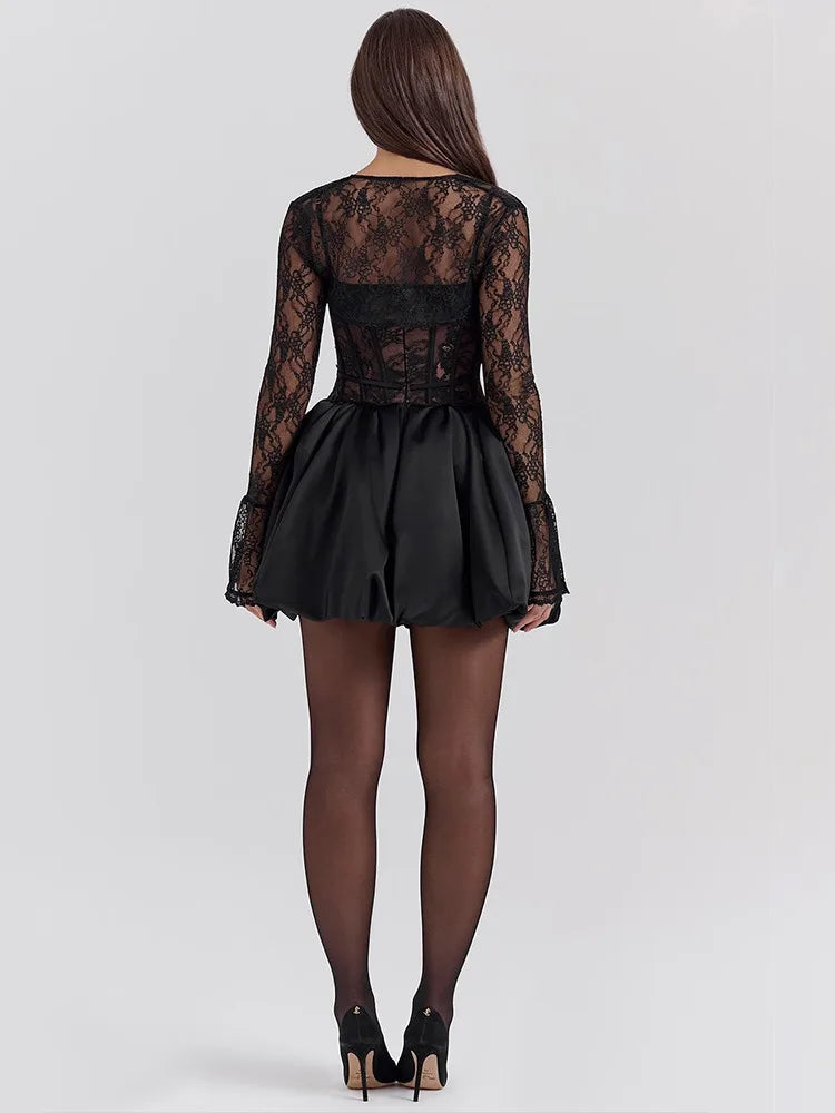 Sexy Lace Patchwork Hollow Out Women Dress Elegant Long Sleeved Bodycon Party Evening Dress Autumn / Winter New Vestido