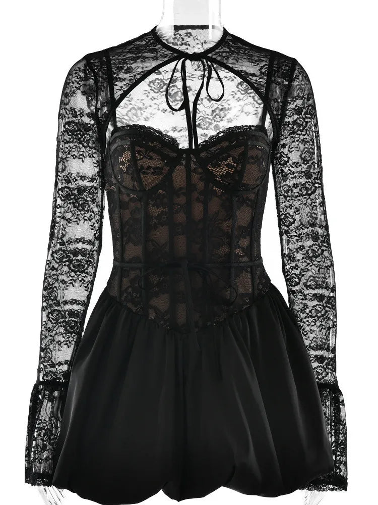 Sexy Lace Patchwork Hollow Out Women Dress Elegant Long Sleeved Bodycon Party Evening Dress Autumn / Winter New Vestido