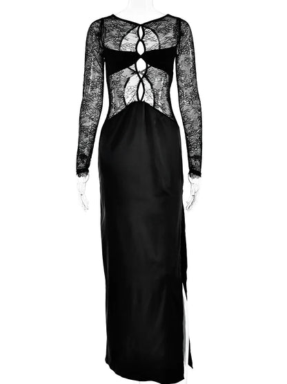 Sexy Lace Patchwork Hollow Out Women Dress Long Sleeve High Split Sheer Female Dress Elegant Party Club Evening Dress