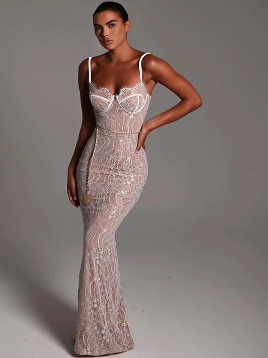 Sexy Lace Print Double Layer Dress For Women Bodycon Backless Metal Heart Pendant Maxi Dress Party Club Evening Dress