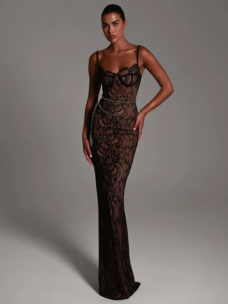 Sexy Lace Print Double Layer Dress For Women Bodycon Backless Metal Heart Pendant Maxi Dress Party Club Evening Dress