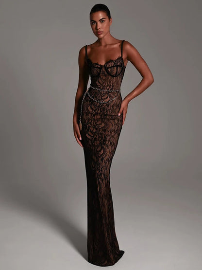 Sexy Lace Print Double Layer Dress For Women Bodycon Backless Metal Heart Pendant Maxi Dress Party Club Evening Dress