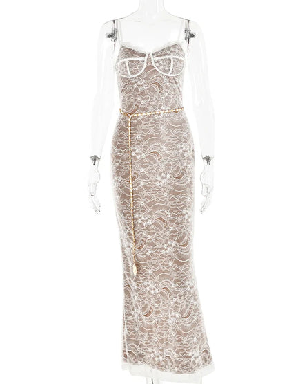 Sexy Lace Print Double Layer Dress For Women Bodycon Backless Metal Heart Pendant Maxi Dress Party Club Evening Dress