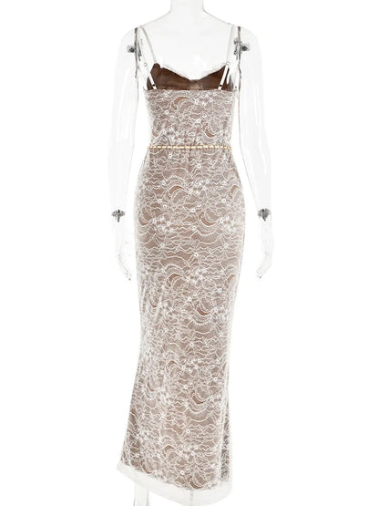 Sexy Lace Print Double Layer Dress For Women Bodycon Backless Metal Heart Pendant Maxi Dress Party Club Evening Dress